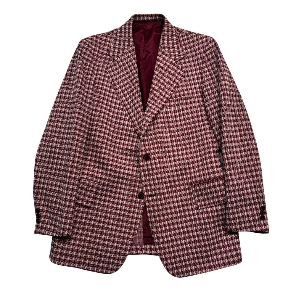 vtg 1970s Towncraft 44L Red White Check Blazer Jacket Sport Coat Knit Retro Wild